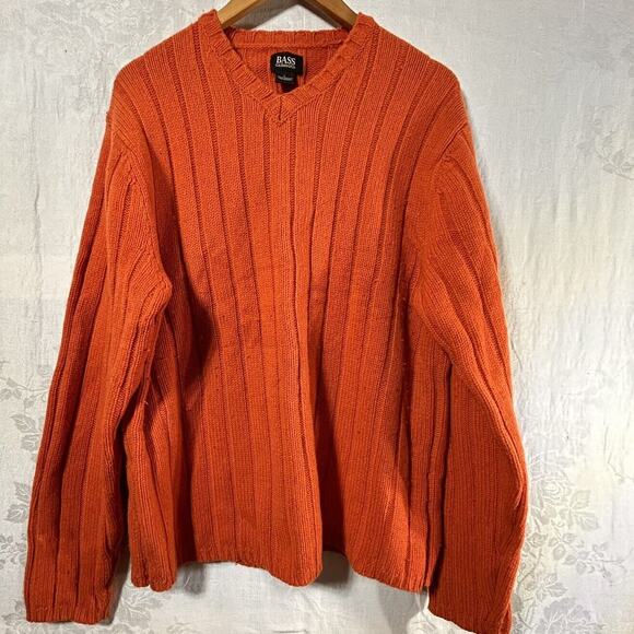 VINTAGE Sweater Large Orange LambsWool Blend V Neck Pullover Ribbed Bass - Picture 1 of 10